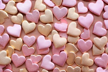 Fototapeta na wymiar Metallic pink and gold hearts for Valentine's card or declaration of love. Generative AI