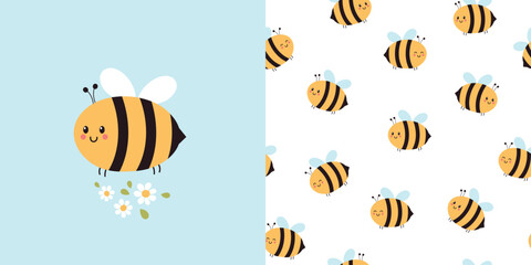 Cute bee card and seamless pattern. Background for kids with bees and daisies. Vector illustration. It can be used for wallpapers, wrapping, cards, patterns for clothes and other. - obrazy, fototapety, plakaty