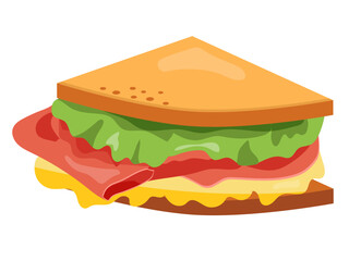 Ham and cheese sandwich with salad. Breakfast food vector illustration