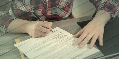 Woman hands signing a document, geometric pattern