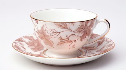 a pink and white cup and saucer on a white table.  generative ai