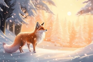 Beautiful vulpes fox against the backdrop of a snowy winter forest with a bushy tail, hunting in the freshly fallen snow in the park. wild forest animals.