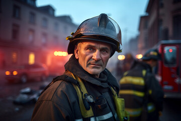 Portrait of firefighter on background of fire