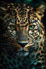 A stunning close-up of a leopard's face with piercing blue eyes, highlighting the intricate details of its unique spots and fur. AI Generative