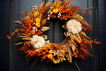 decoration of a door of a house with a round thanksgiving wreath