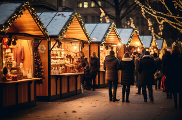 Christmas market with small tents, festive lights, and people enjoying the Christmas mood. Sip on mulled wine and soak in the evening ambiance.