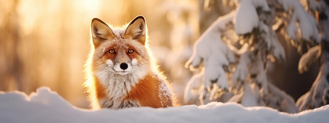 Beautiful vulpes fox against the backdrop of a snowy winter forest with a bushy tail, hunting in the freshly fallen snow in the park. wild forest animals. - obrazy, fototapety, plakaty