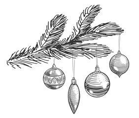 Merry Christmas and Happy New Year. Decoration balls on fir tree branch. Hand drawn illustration in sketch style