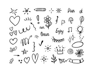 Sketch line arrow element, star, heart shape. Hand drawn doodle style circle, cloud speech bubble grunge set. Vector illustration