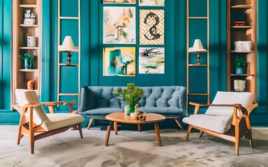 
generation
generation
generation




Lounge chairs and sofa against teal classic paneling wall with art posters. Mid-century style home interior design of modern living room