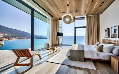 Obraz na płótnie Canvas Mediterranean interior design of modern dining room in seaside villa with stunning sea view