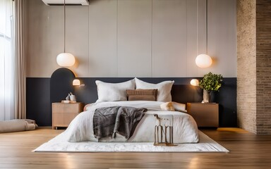 Scandinavian style interior design of modern bedroom. Wood bed with white bedding and bedside cabinets