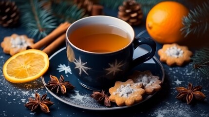A cup of tea with aroma spices, orange and gingerbread cookies in the shape of snowflakes on wooden table. Christmas concept. 