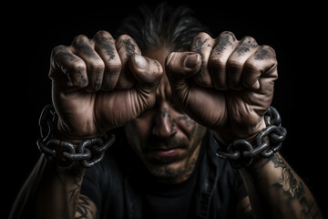 male strong hands clenched into fists with tattoos and chainedм - obrazy, fototapety, plakaty