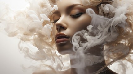 Fototapeta premium A beautiful woman's face shrouded in smoke. Abstract image of dreams, memories, feminine beauty.