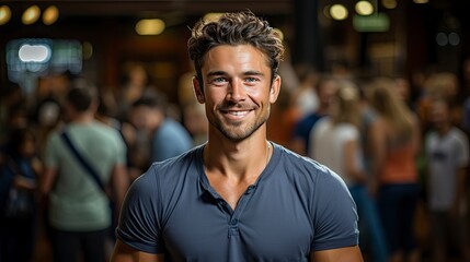 Obraz premium Confident man stands out in busy crowd, radiating charisma.