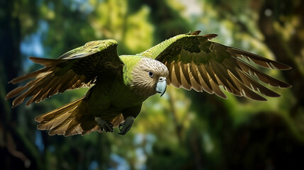 Flightless Phenomenon: New Zealand’s Native Kakapo Parrot in Mid-Flight - Ideal for Ornithology Research, Environmental Awareness Campaigns, and Forest-Themed Artistic Endeavors