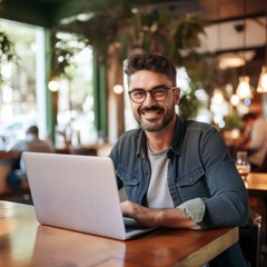 Obraz premium young man smiling in a daytime cafe at a table with a computer