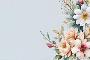 Watercolor spring flowers on beige background; copy space, wallpaper.