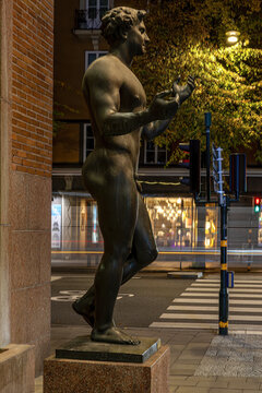 Stockholm, Sweden The landmark Riddare statue from 1988 by sculptor Peter Linde at Fleminggatan 14, an office building in downtown.