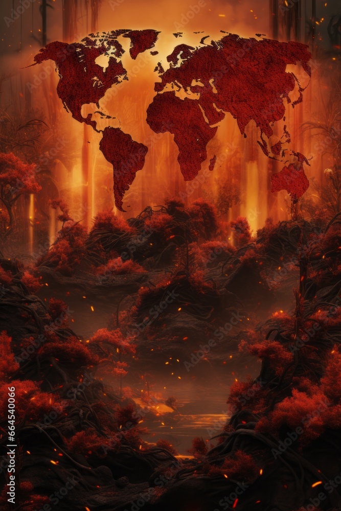 Aufkleber an apocalyptic portrayal of lychees burning relentlessly across the world map, invoking a sense of u