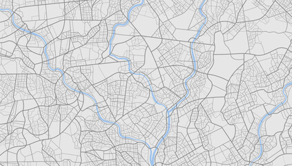 Fototapeta premium Gray city area, background map, streets. Skyline urban panorama. Cartography illustration. Widescreen proportion, digital flat design streetmap. Vector City top view. View from above the map