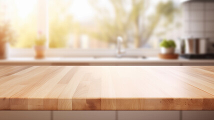 Empty wooden tabletop on blurred kitchen background for mockups. Natural day light. Promotion background.