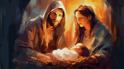 Holy Family nativity scene, modern painting, generative ai