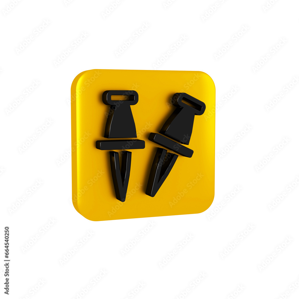 Poster black push pin icon isolated on transparent background. thumbtacks sign. yellow square button.