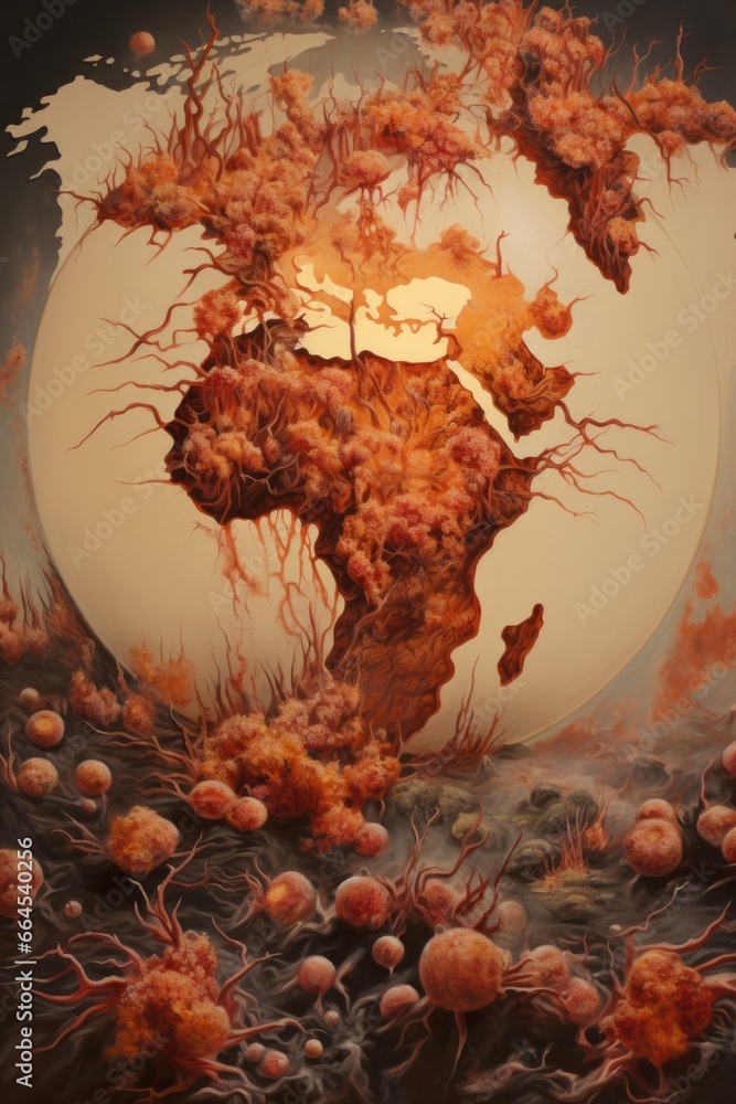 Aufkleber a surreal depiction of a burning lychee superimposed onto a world map, suggesting a unique and other