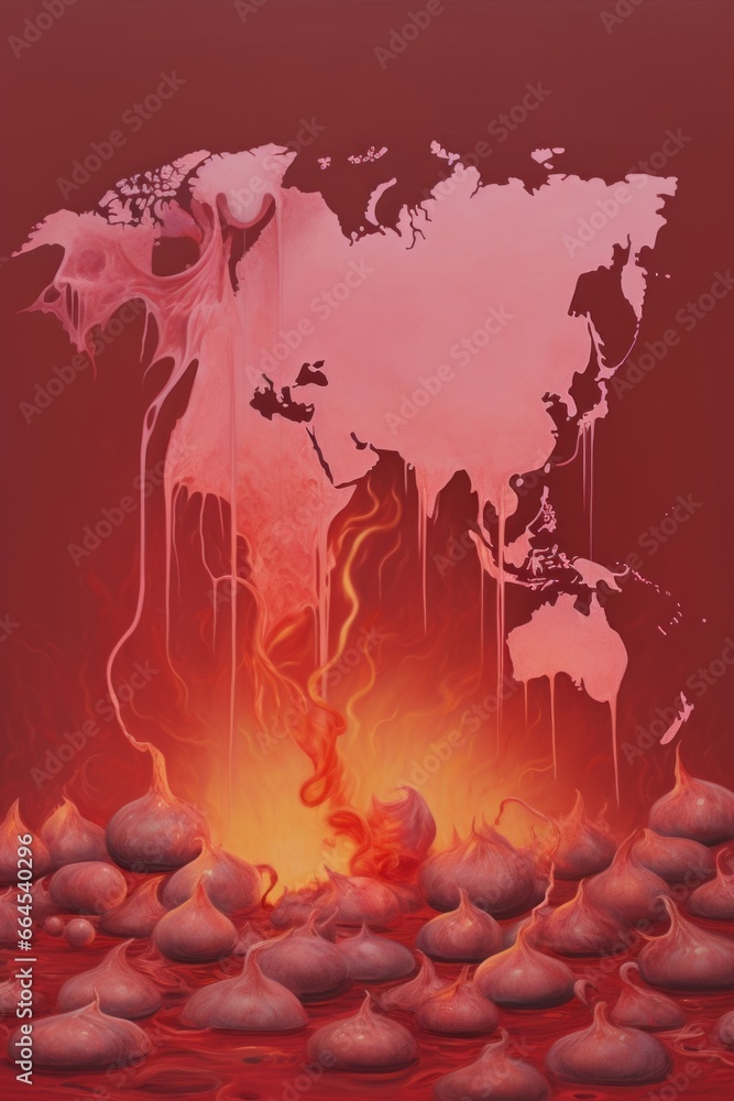 Aufkleber A surreal depiction of a burning lychee superimposed onto a world map, suggesting a unique and otherworldly catastrophe.