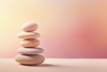 Round zen stones for meditation and concentration on neutral warm colors background with copy space. Calm mood wallpaper. Balance concept.