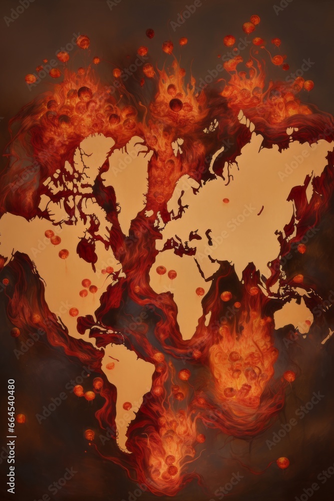 Poster An imaginative image featuring a world map with the continents replaced by giant lychees engulfed in flames, symbolizing the global impact of a fictional lychee fire epidemic.