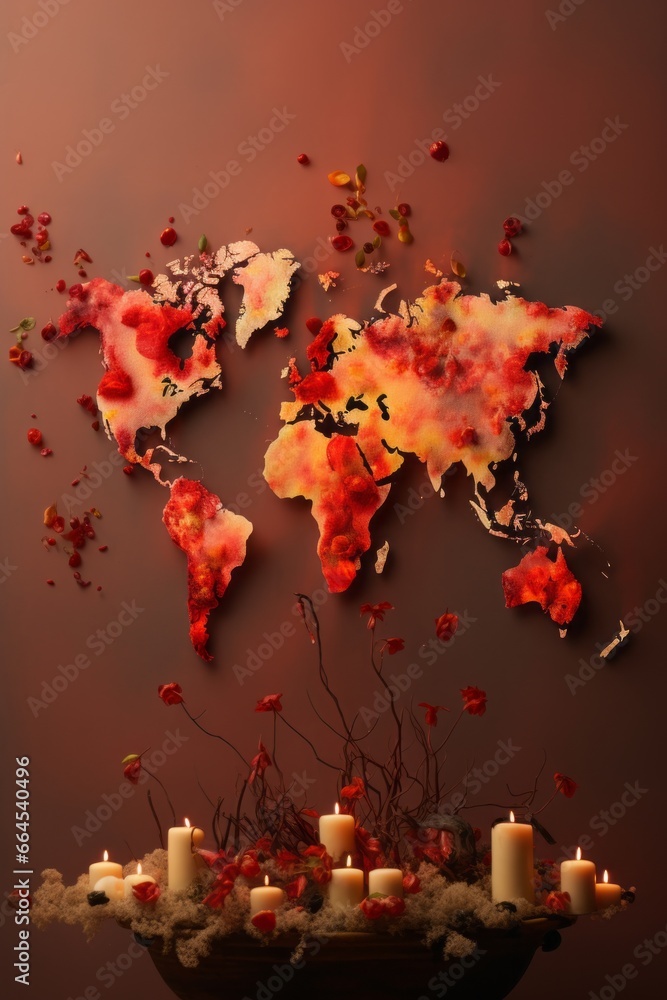 Poster an imaginative image featuring a world map with the continents replaced by giant lychees engulfed in