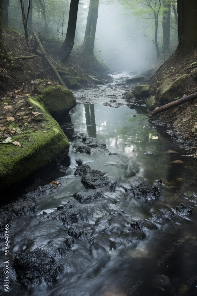Poster a powerful visual displaying a stream with discolored water due to the presence of heavy metals, dra