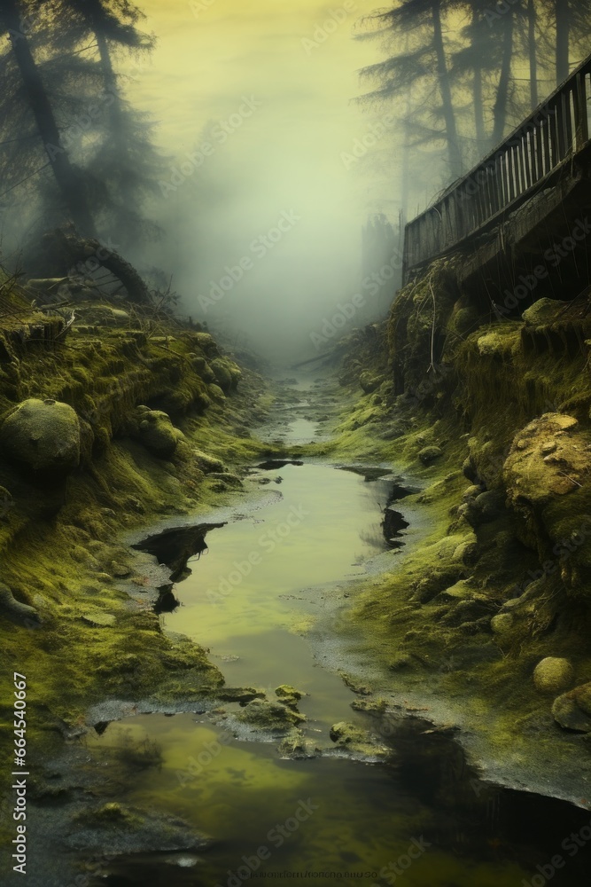 Poster A powerful visual displaying a stream with discolored water due to the presence of heavy metals, drawing attention to the immediate need for tighter regulations and environmental protection.