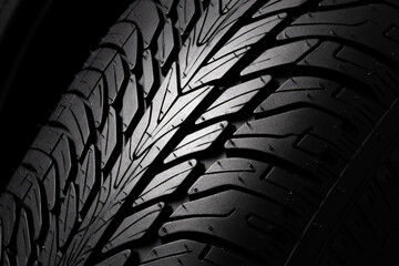 Black car tire surface texture pattern, close up