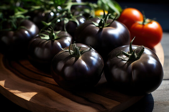 Fresh black tomatoes on the table close up
