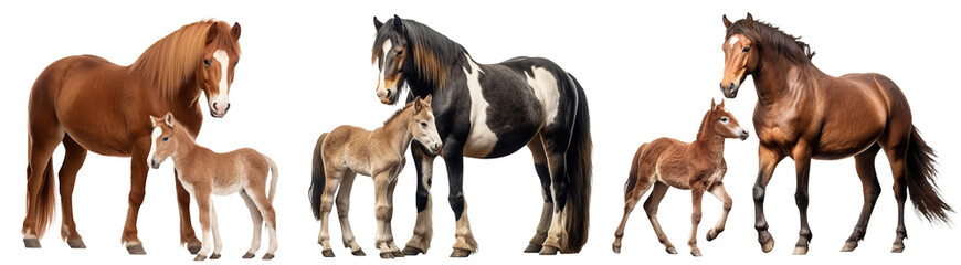 Obraz premium Set of horses with foals, cut out