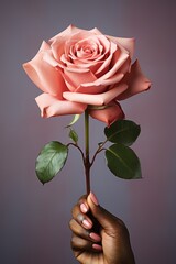 A person holding a pink rose in their hand