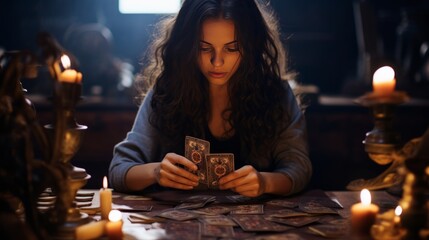 Fortune teller woman sitting in the room and making a layout with tarot cards - obrazy, fototapety, plakaty