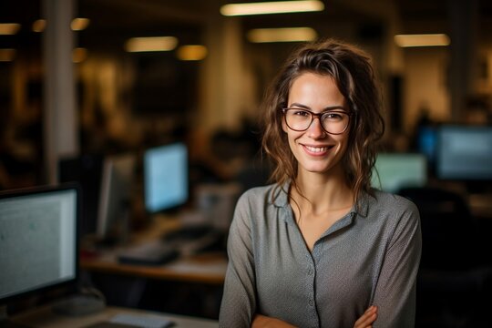 Confident young woman in glasses  in a modern office. AI generated