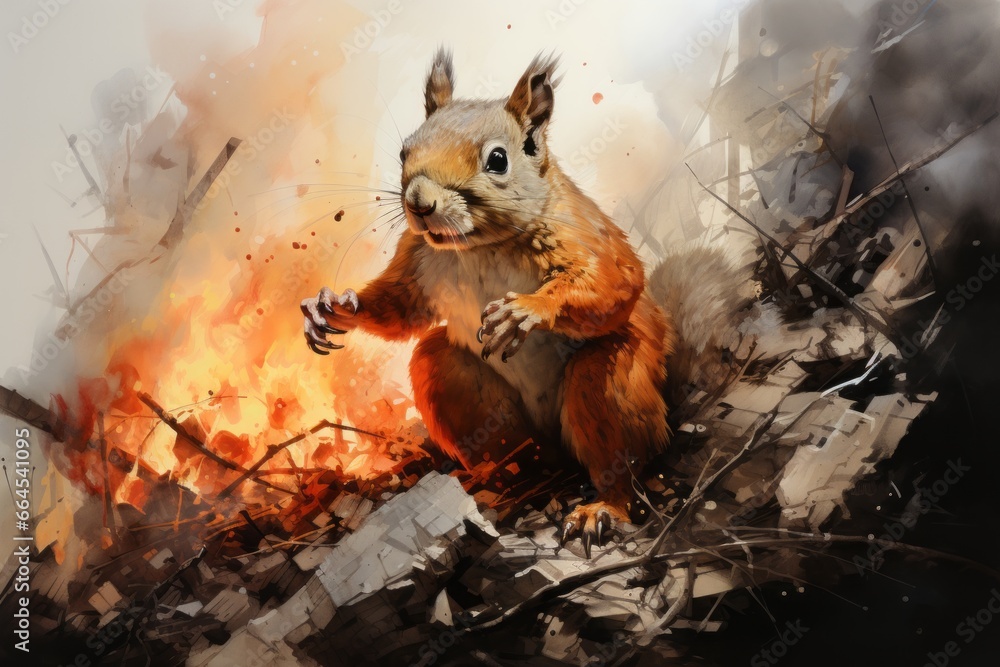 Poster a captivating image of a squirrel leaping from tree to tree, searching for an escape route amidst th