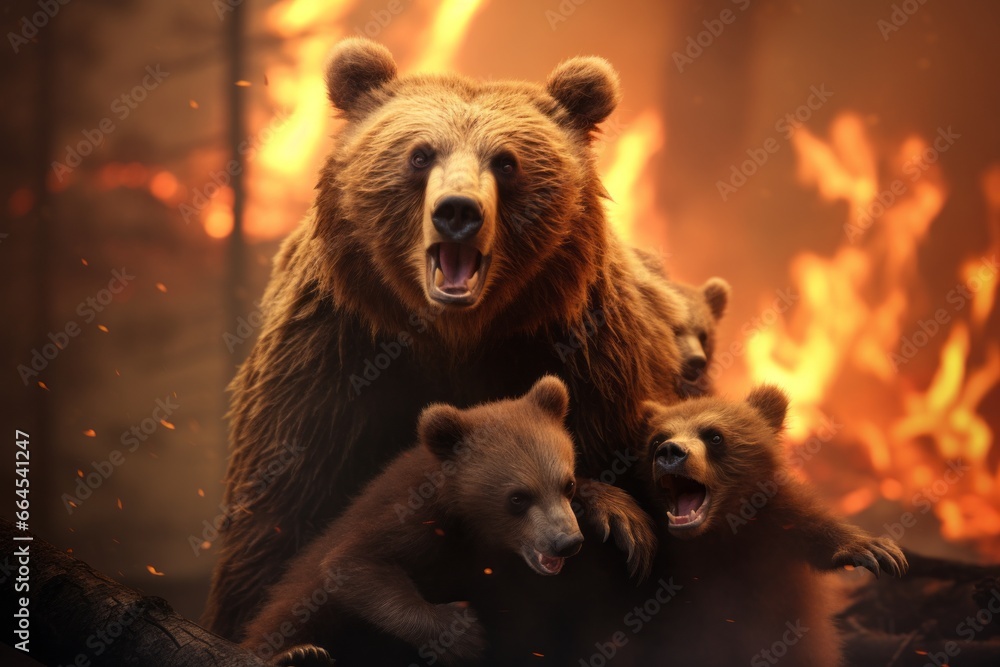 Poster a heart-wrenching scene featuring a mother bear and her cubs hastily retreating from the approaching