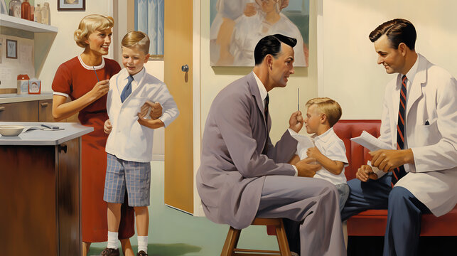 Child receiving treatment and doctor, 1940s painting. Generative AI