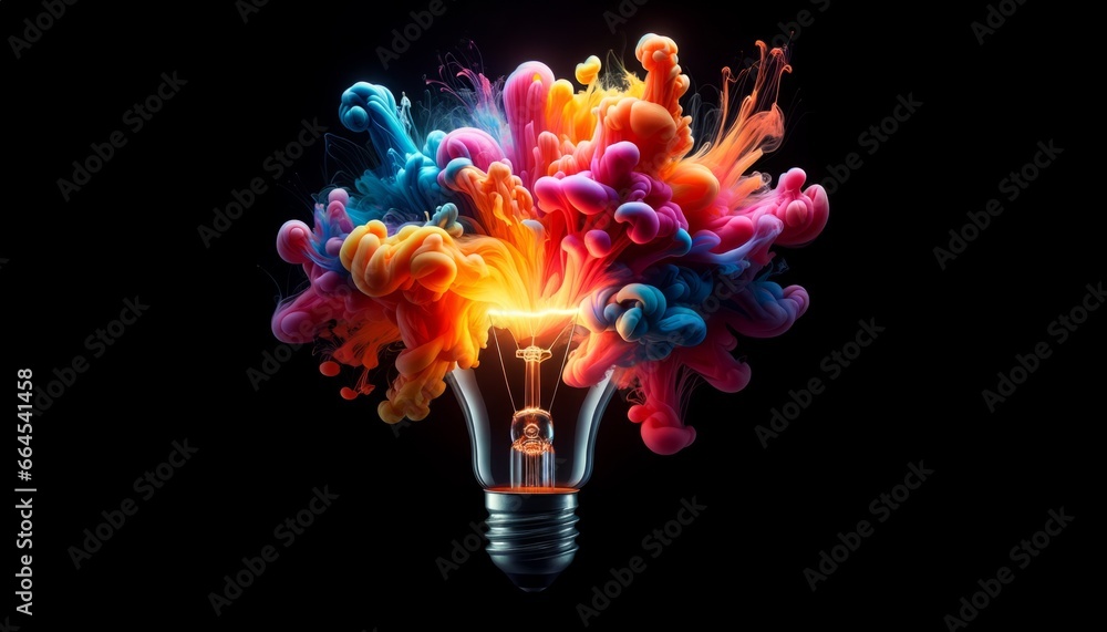 Poster light bulb explodes with colorful paint and colors on black background