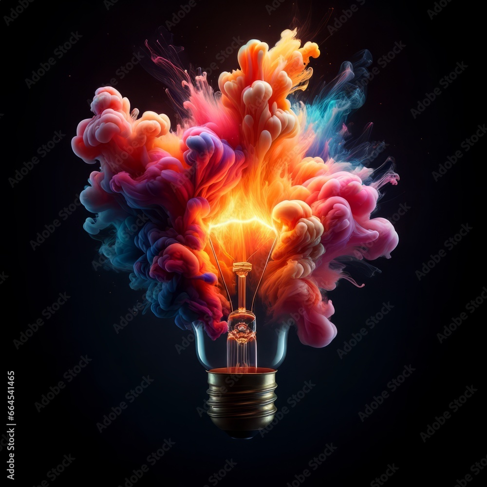 Poster light bulb explodes with colorful paint and colors on black background