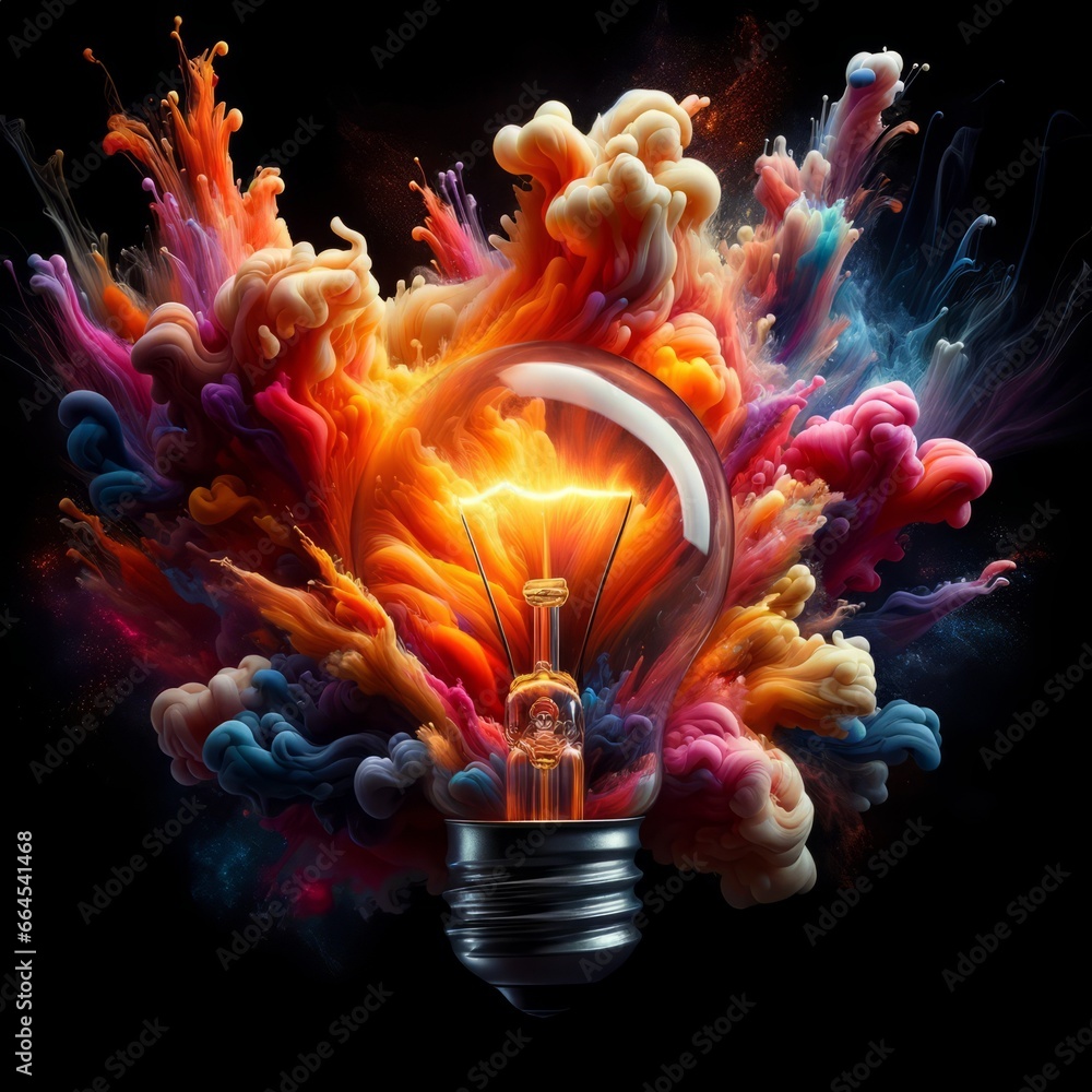 Poster light bulb explodes with colorful paint and colors on black background