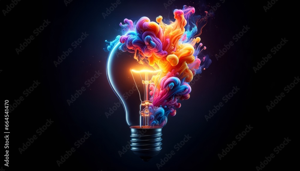 Poster light bulb explodes with colorful paint and colors on black background