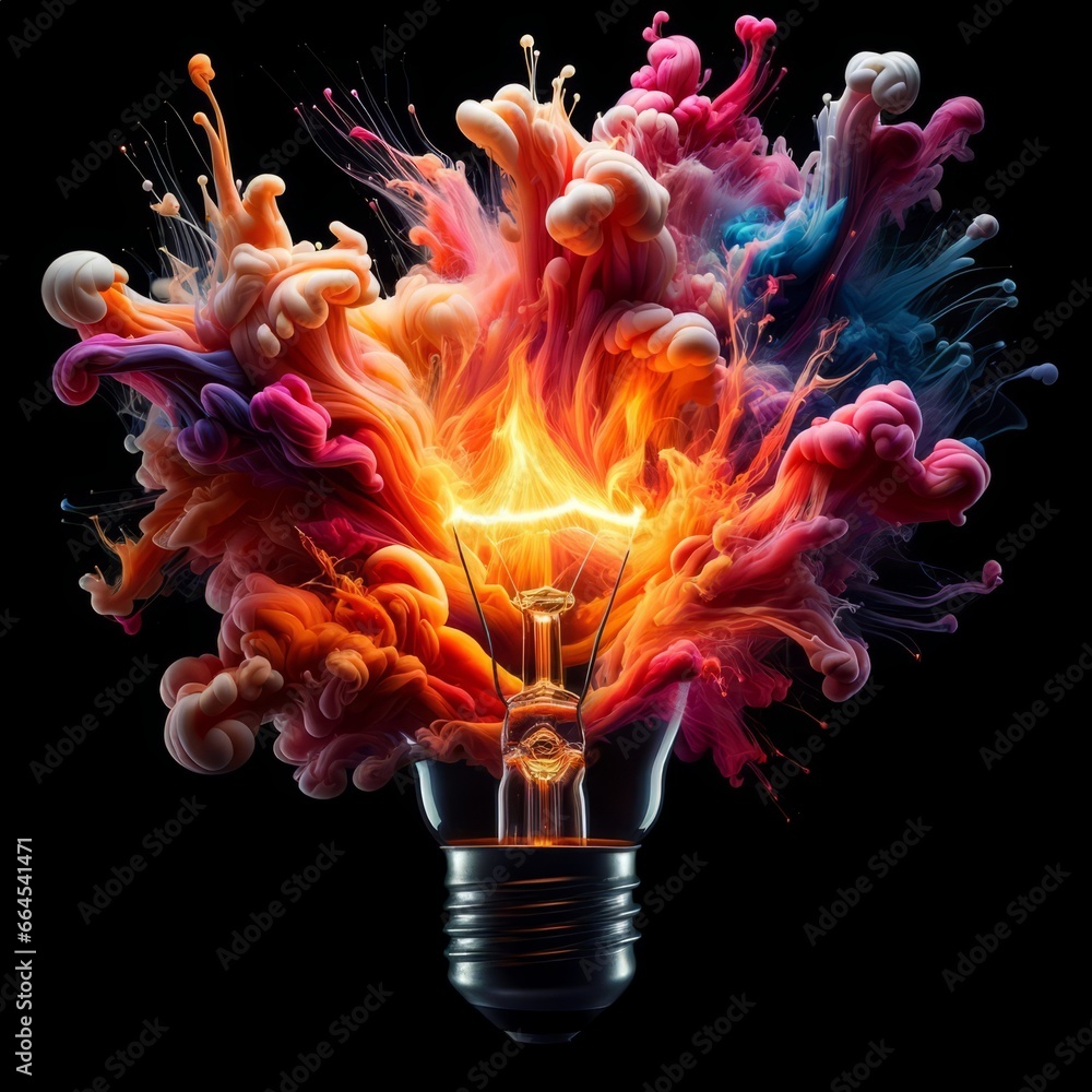 Poster light bulb explodes with colorful paint and colors on black background